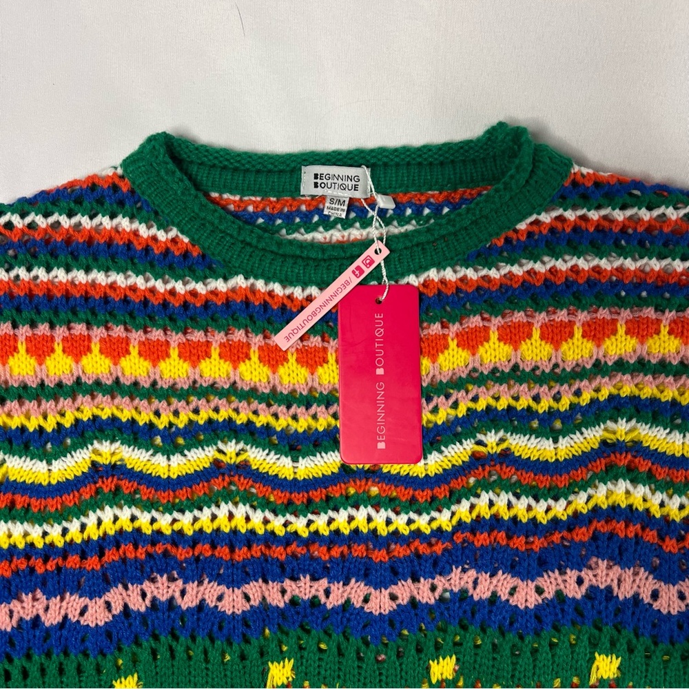 NWT Beginning Boutique Granny Afghan Multicolor Knit Sweater S / M - Picture 5 of 8
